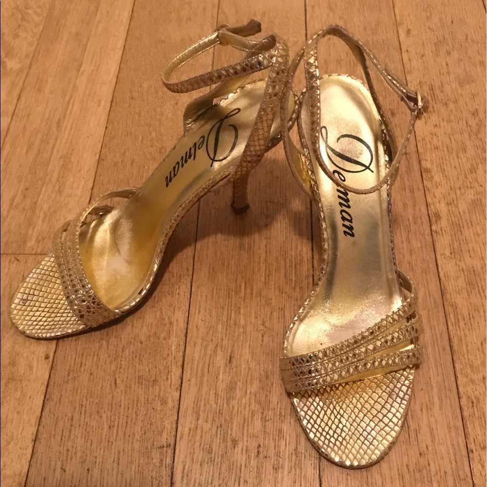 Vintage Delman Gold Evening High Heel Open Toe Sandals with Ankle Strap size 6.5
